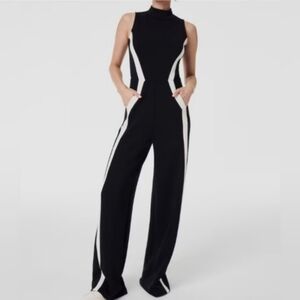 Spanx AirEssentials Mock Neck Striped Track Jumpsuit Very Black Wide Leg Romper